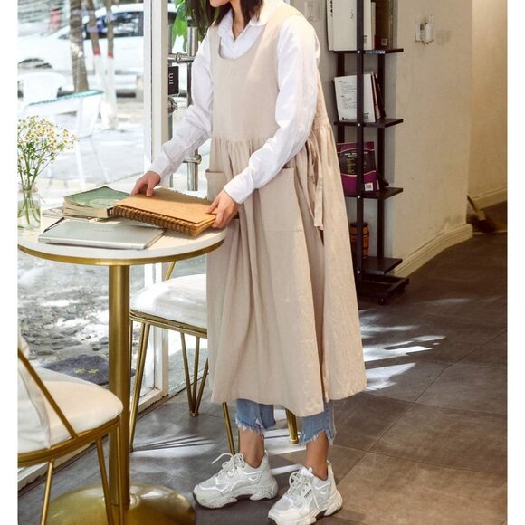 Women Plus Size Cotton Linen Vintage Pleated Split Apron Pinafore Dress with Two - Picture 9 of 9